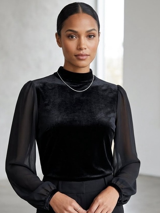 Ever New Tops - Ever new Black Velvet & Sheer Long-Sleeve Women's Top medium